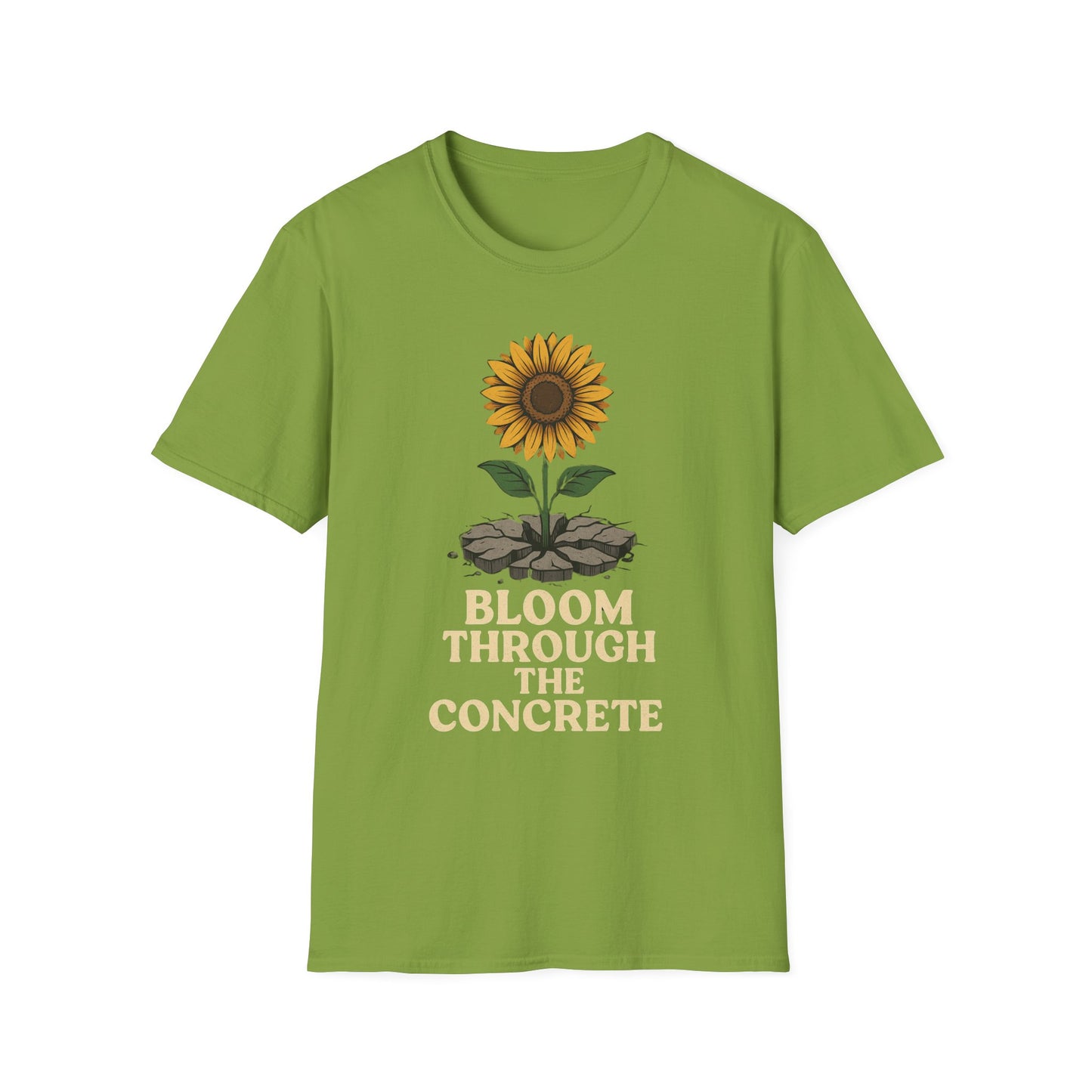 Bloom Through the Concrete Unisex Softstyle T-Shirt, Inspirational Tee, Nature Lover Gift, Motivational Shirt, Gardening Outfit