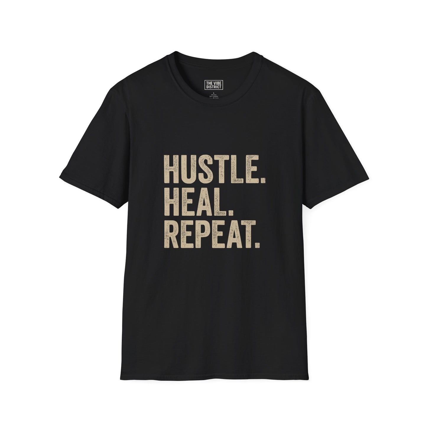 Empowering Hustle Heal Repeat Unisex Softstyle T-Shirt | Motivational Tee for Fitness, Self-Care, and Everyday Inspiration