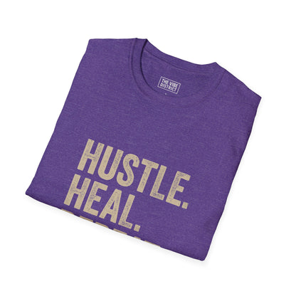 Empowering Hustle Heal Repeat Unisex Softstyle T-Shirt | Motivational Tee for Fitness, Self-Care, and Everyday Inspiration