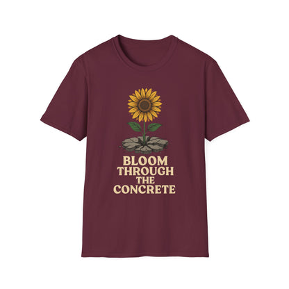 Bloom Through the Concrete Unisex Softstyle T-Shirt, Inspirational Tee, Nature Lover Gift, Motivational Shirt, Gardening Outfit