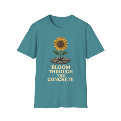 Bloom Through the Concrete Unisex Softstyle T-Shirt, Inspirational Tee, Nature Lover Gift, Motivational Shirt, Gardening Outfit