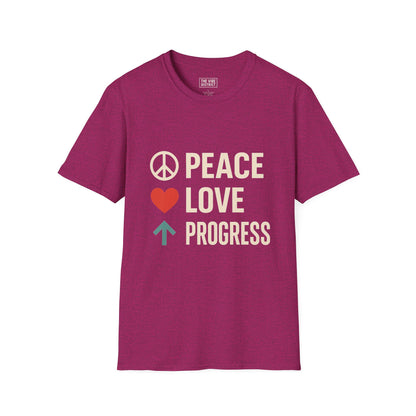 Peace Love Progress Unisex Softstyle T-Shirt, Casual Tee, Gift for Activists, Comfortable Wear, Fundraiser Event Shirt
