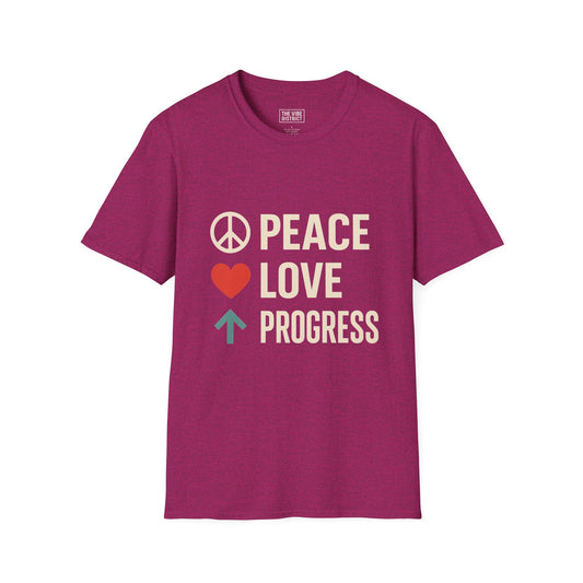 Peace Love Progress Unisex Softstyle T-Shirt, Casual Tee, Gift for Activists, Comfortable Wear, Fundraiser Event Shirt