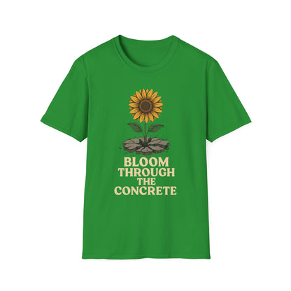 Bloom Through the Concrete Unisex Softstyle T-Shirt, Inspirational Tee, Nature Lover Gift, Motivational Shirt, Gardening Outfit