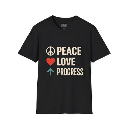 Peace Love Progress Unisex Softstyle T-Shirt, Casual Tee, Gift for Activists, Comfortable Wear, Fundraiser Event Shirt