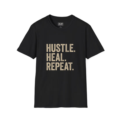 Empowering Hustle Heal Repeat Unisex Softstyle T-Shirt | Motivational Tee for Fitness, Self-Care, and Everyday Inspiration