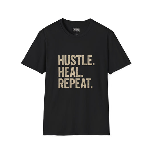Empowering Hustle Heal Repeat Unisex Softstyle T-Shirt | Motivational Tee for Fitness, Self-Care, and Everyday Inspiration