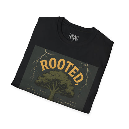 Rooted Not Shaken Unisex Softstyle T-Shirt, Tree Graphic Tee, Nature Lover Gift, Motivational Shirt, Eco-Friendly Apparel