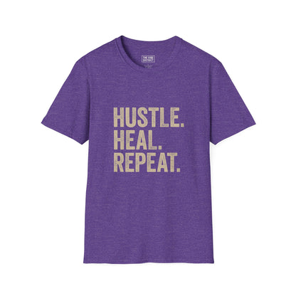 Empowering Hustle Heal Repeat Unisex Softstyle T-Shirt | Motivational Tee for Fitness, Self-Care, and Everyday Inspiration