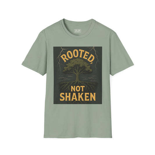 Rooted Not Shaken Unisex Softstyle T-Shirt, Tree Graphic Tee, Nature Lover Gift, Motivational Shirt, Eco-Friendly Apparel