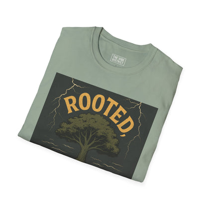 Rooted Not Shaken Unisex Softstyle T-Shirt, Tree Graphic Tee, Nature Lover Gift, Motivational Shirt, Eco-Friendly Apparel