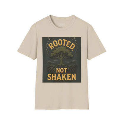 Rooted Not Shaken Unisex Softstyle T-Shirt, Tree Graphic Tee, Nature Lover Gift, Motivational Shirt, Eco-Friendly Apparel
