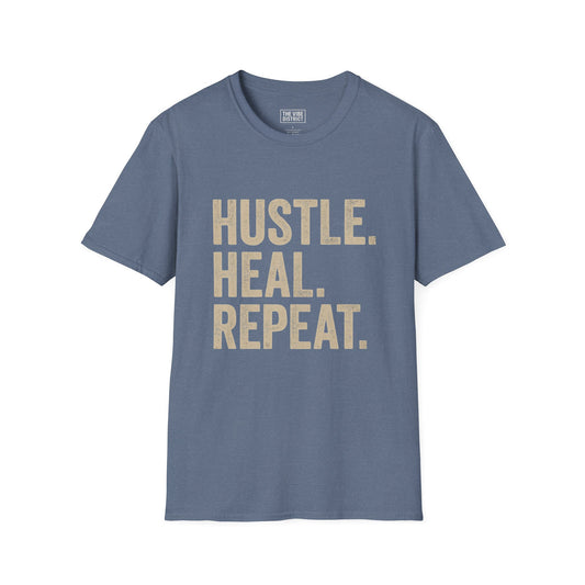 Motivational Unisex Softstyle T-Shirt - Hustle. Heal. Repeat.