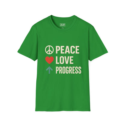 Peace Love Progress Unisex Softstyle T-Shirt, Casual Tee, Gift for Activists, Comfortable Wear, Fundraiser Event Shirt